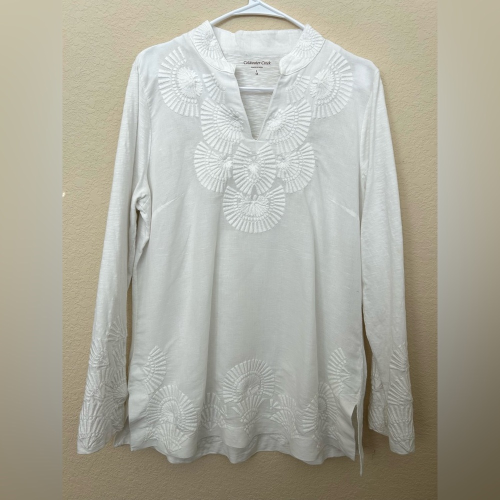 Coldwater Creek Women’s White Linen Tunic Blouse Size 14 Cotton Long Sleeve Top